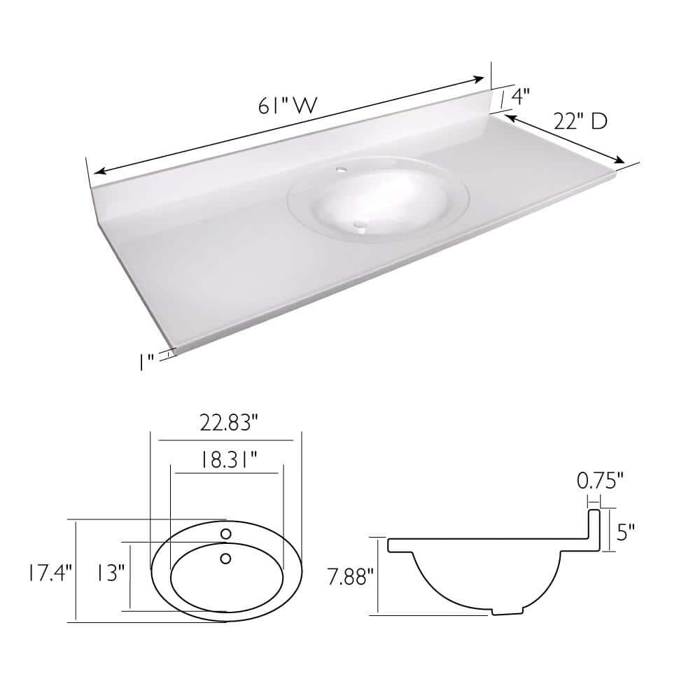 61 Inch Cultured Marble Vanity Top with Backsplash, Improved Package, White