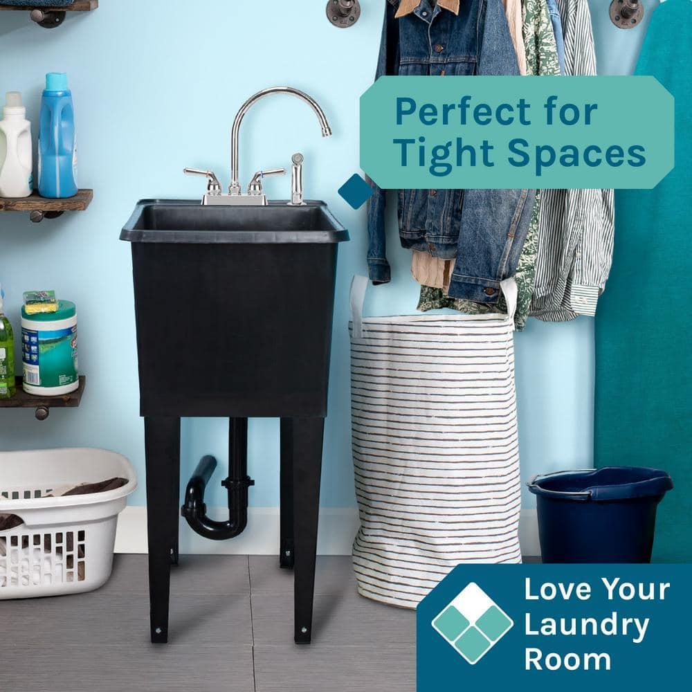 TEHILA Space Saver 16 Gallon Black Utility Sink with Chrome Finish Faucet & Side-Sprayer