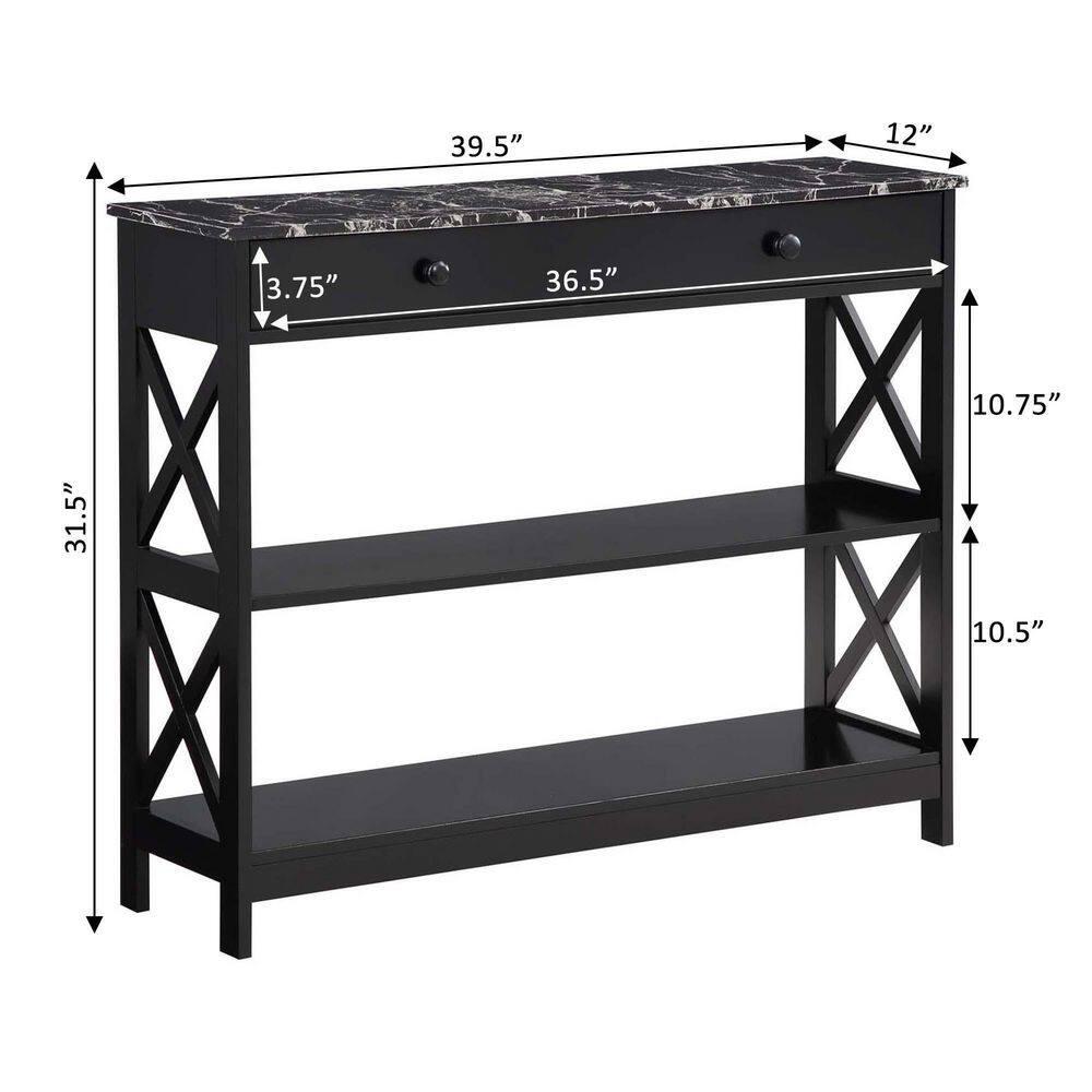 TiaGOC 1 Drawer Console Table with Shelves, Black Faux Marble/Black