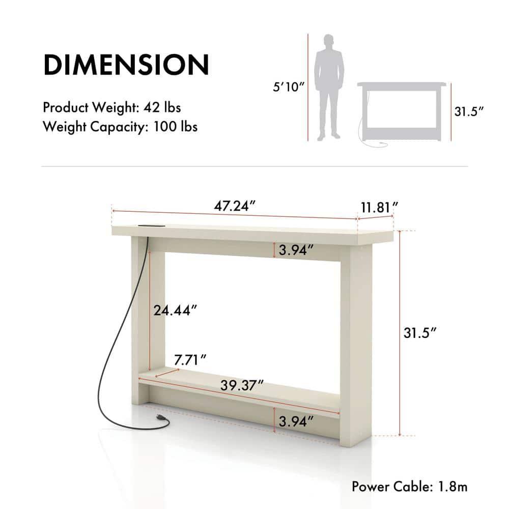 miBasics Nortal 47.24" Console Table Modern 1 Shelf with Usb and Power Ports Soft White