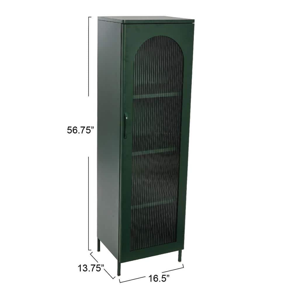 Storied Home Tall Metal Accent Cabinet: Arched Glass, 4 Shelves, Dark Green, 57" H