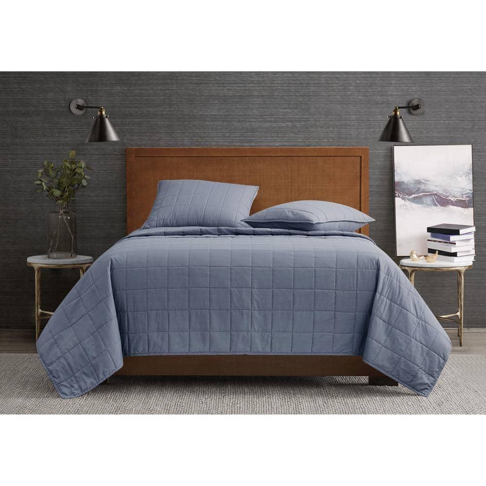 2pc Twin/Twin Extra Long Garment Wash Solid Quilt Set Blue - London Fog: Microfiber Bedding with OEKO-TEX Certified