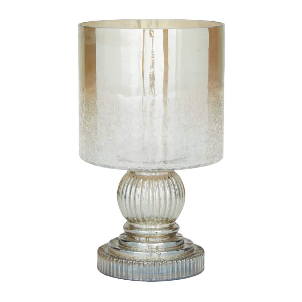 DecMode Brass Glass Handmade Turned Style Pillar Hurricane Lamp with Faux Mercury Glass Finish