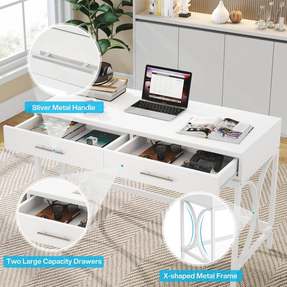 Tribesigns Modern Computer Desk with 2 Drawers, 41 Inches Study Writing Office Desk for Home Office, Bedroom, Makeup Vanity Table Desk with Metal Frame, White