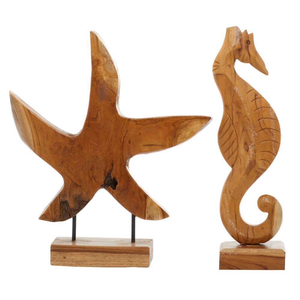 17", 18"H Brown Teak Wood Handmade Carved Sea Horse Sculpture with Starfish, by DecMode (2 Count)