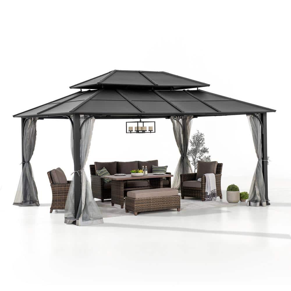 Sunjoy Sunjoy Hardtop Gazebo 12 x 16 ft. Outdoor Gazebo, Heavy Duty Steel Frame Gazebo, Double Tiered Metal Gazebo with Ceiling Hook and Removable Netting Sidewalls