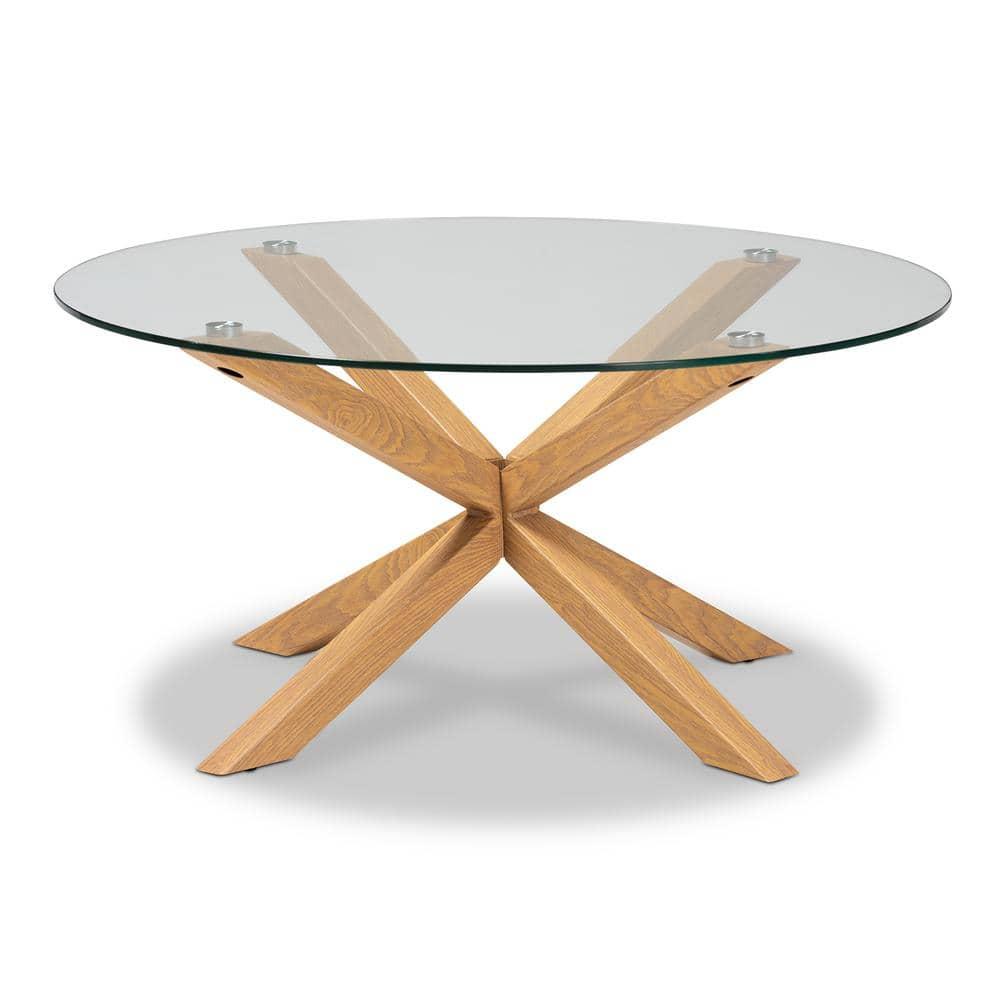 Lida Glass and Wood Finished Coffee Table Clear/Natural - Baxton Studio: Mid-Century Modern, 4 Point Leg Frame