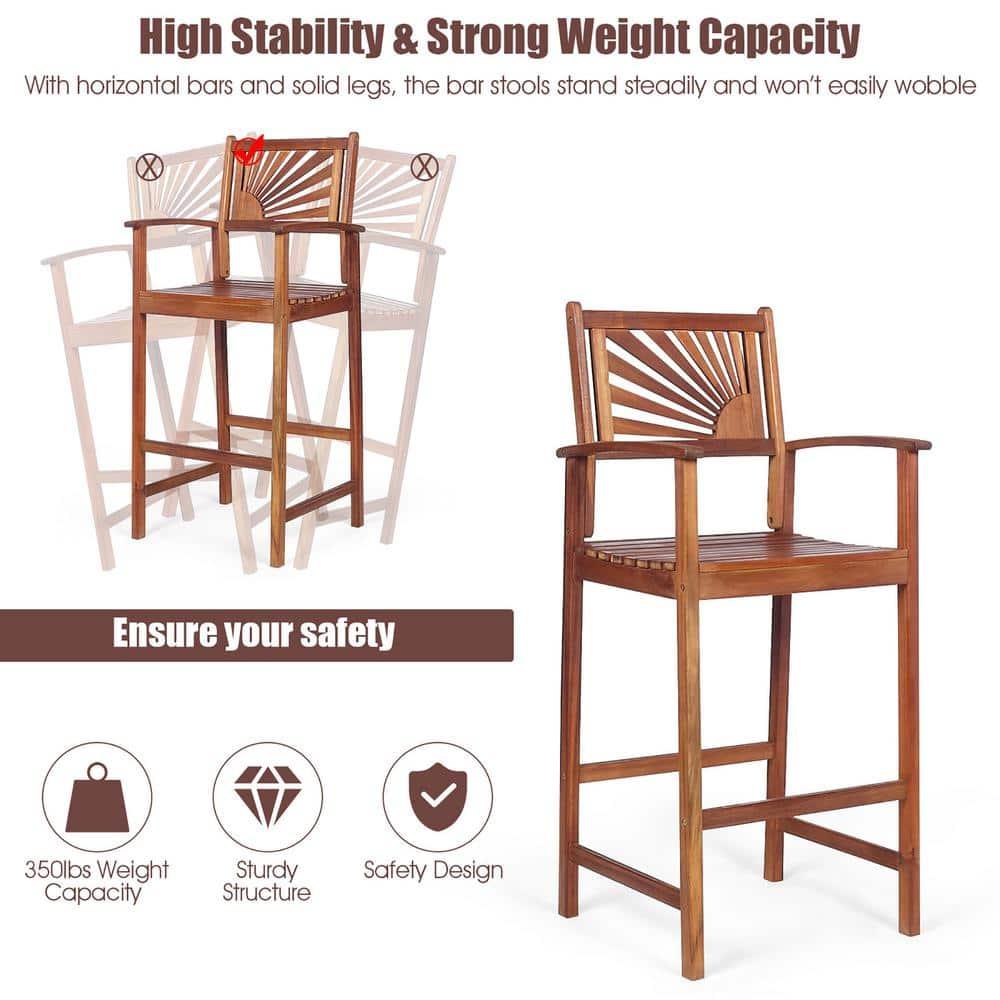Topbuy Acacia Wood Outdoor Bar Stools with Footrest and Backrest - Set of 2, Reddish Brown