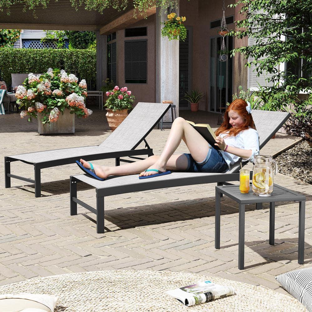 Crestlive Products Outdoor Aluminum Textilene Chaise Lounge Chairs and Table Set of 3 Earth Fabric, Dark Grey Frame