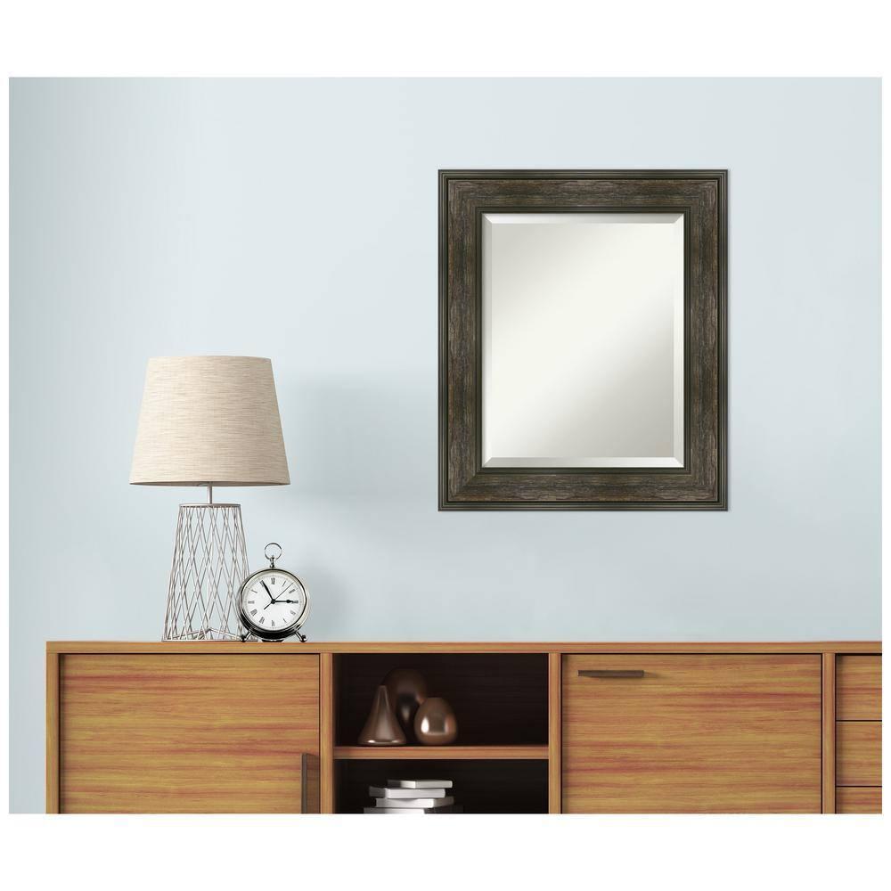 Amanti Art Beveled Bathroom Wall Mirror - Rail Rustic Char Frame - Rail Rustic Char Outer Size: 22 x 26 in