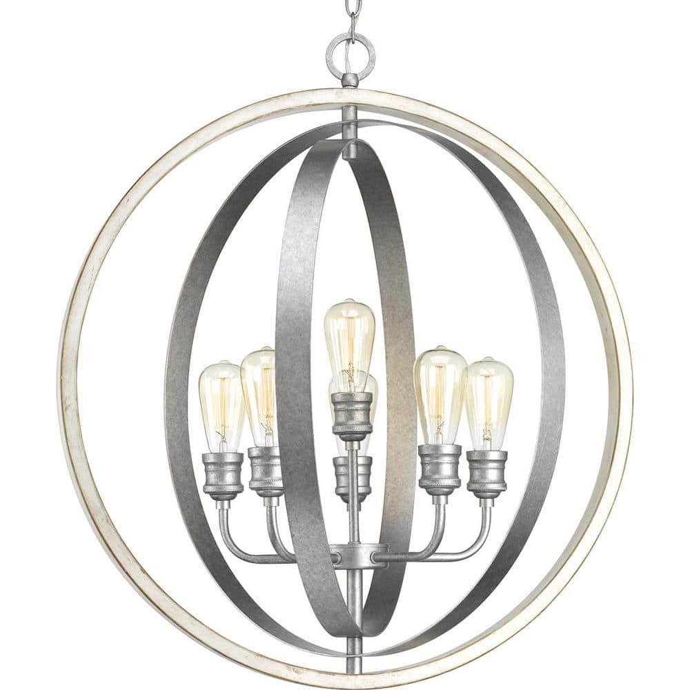 Progress Lighting Conestee 6-Light Pendant, Steel, Galvanized, Armillary-Style Frame, Ideal for Rustic Farmhouse or Urban Industrial Homes