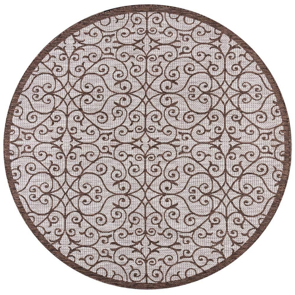 5' Round Madrid Vintage Filigree Textured Weave Indoor/Outdoor Area Rug, Taupe/Espresso - JONATHAN Y