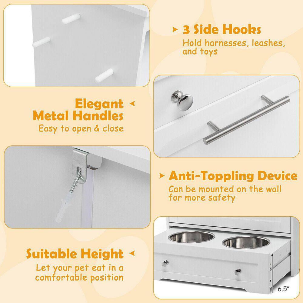 Kepooman Pet Feeder Station with Stainless Steel Bowl-White