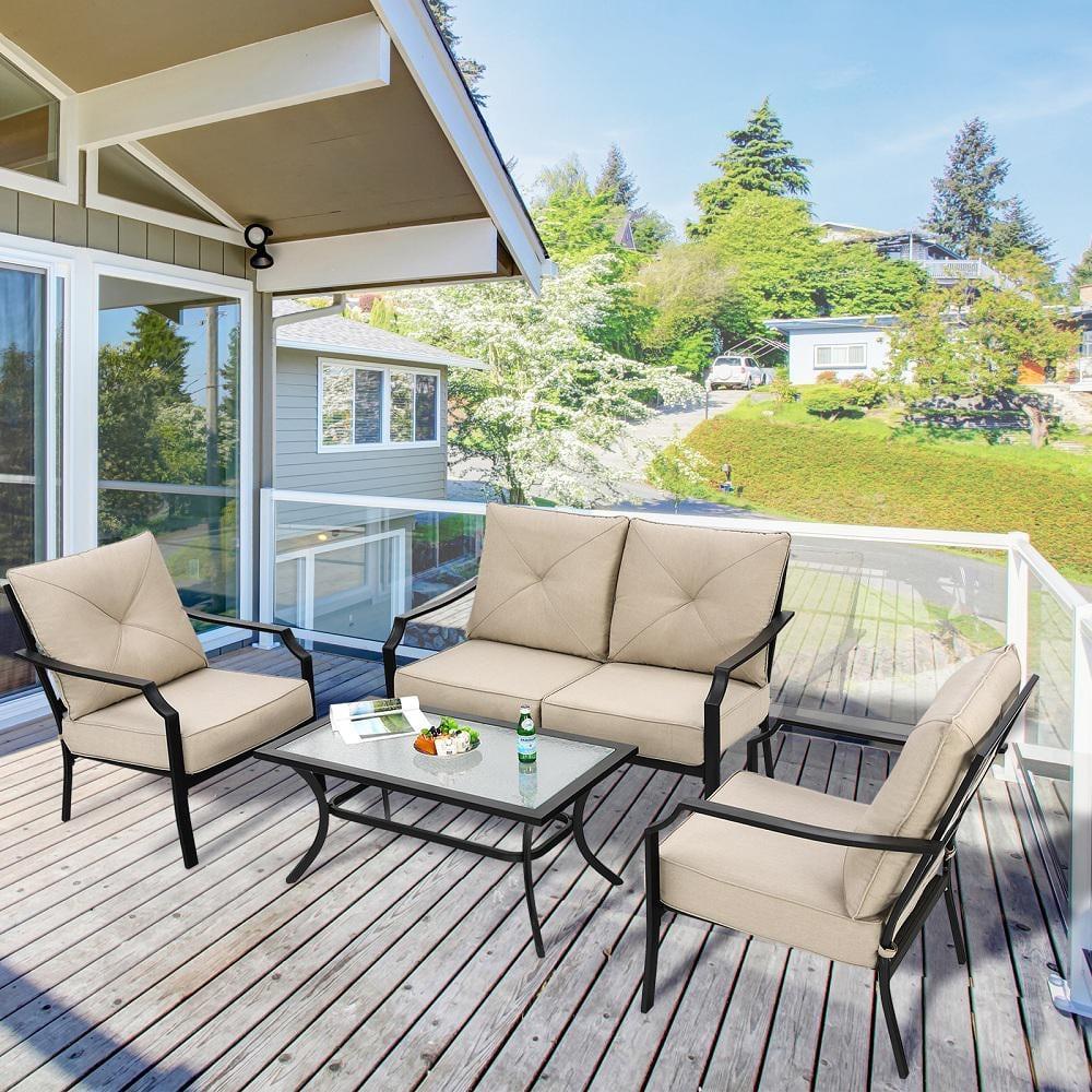 Tangkula 4 PCS Patio Furniture Set Outdoor Sectional Conversation Set w/Coffee Table & Cushions