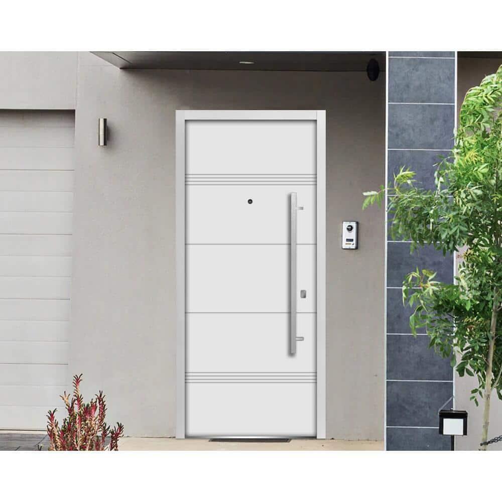 VDOMDOORS Front Exterior Prehung Steel Door 36 x 80 inches Right-Hand/Deux 1705 White Enamel/Horizontal Lines Single Modern Painted