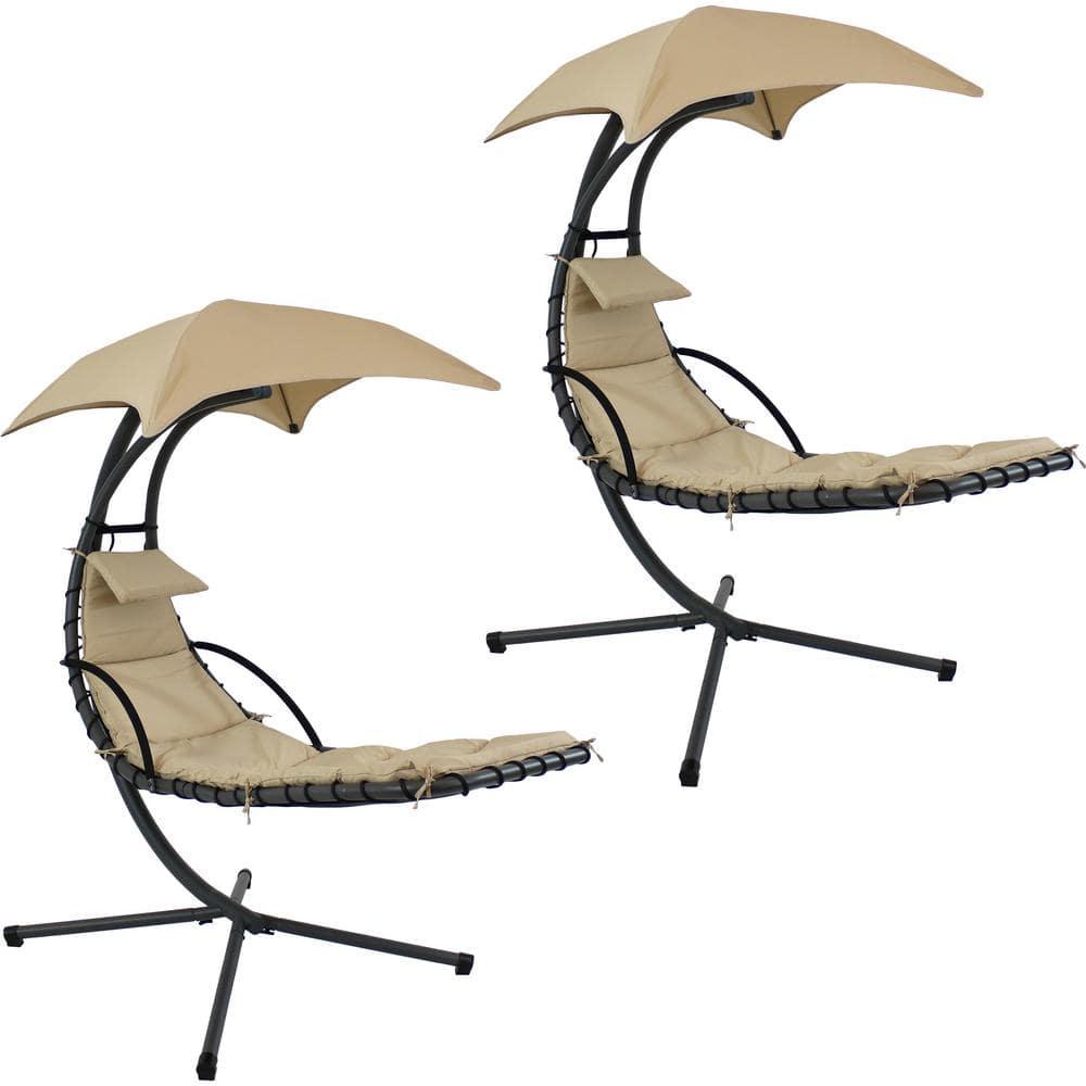 Sunnydaze Outdoor Hanging Chaise Floating Lounge Chair with Canopy Umbrella and Stand, Beige, 2pk