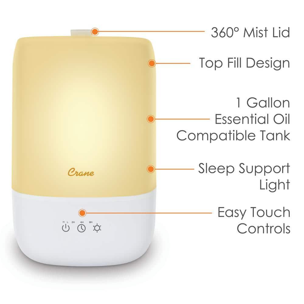 Crane USA Top Fill Cool Mist Humidifier - 1 Gallon with Sleep Support Light & Essential Oil Tray