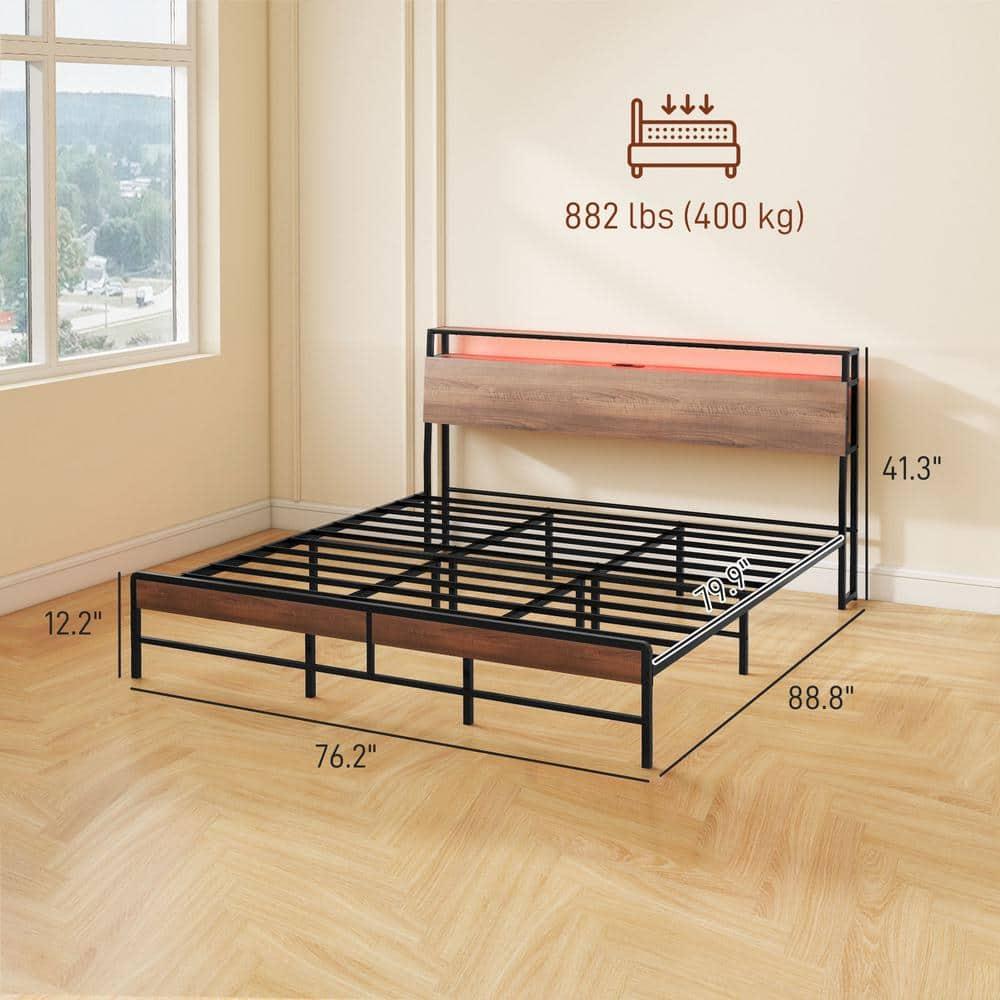 HOMCOM King Bed Frame with Headboard, King Size Bed Frame with Lights, Charging Station, Storage Shelf, Noise-Free & No Box Spring Needed, Walnut