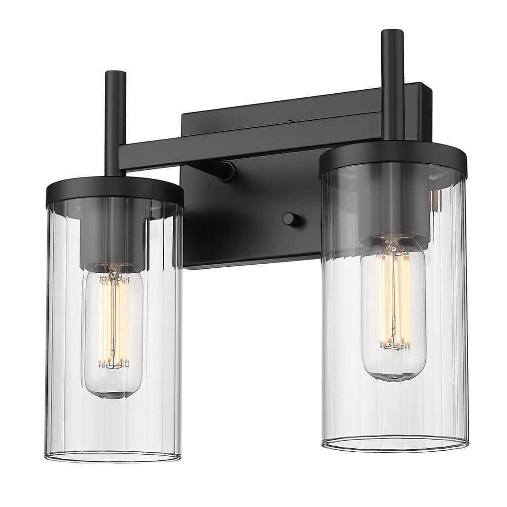 Golden Lighting Winslett 2-Light Vanity Light in Matte Black with Ribbed Clear Glass