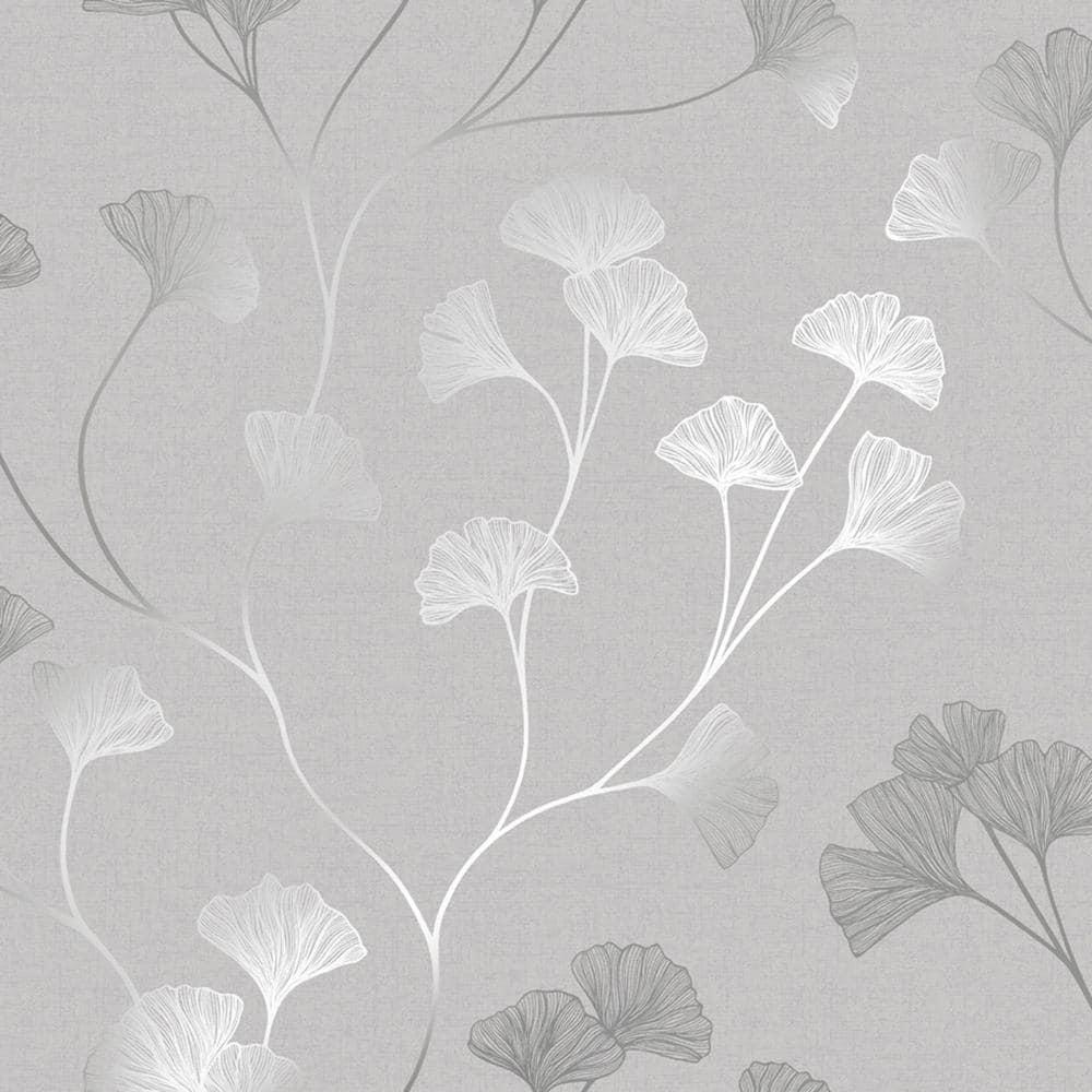 Holden Glistening Ginkgo Silver Wallpaper: Mid-Century Modern Floral Design, Non-Pasted Paper, Smooth Metallic Finish, 56 Sq Ft Coverage