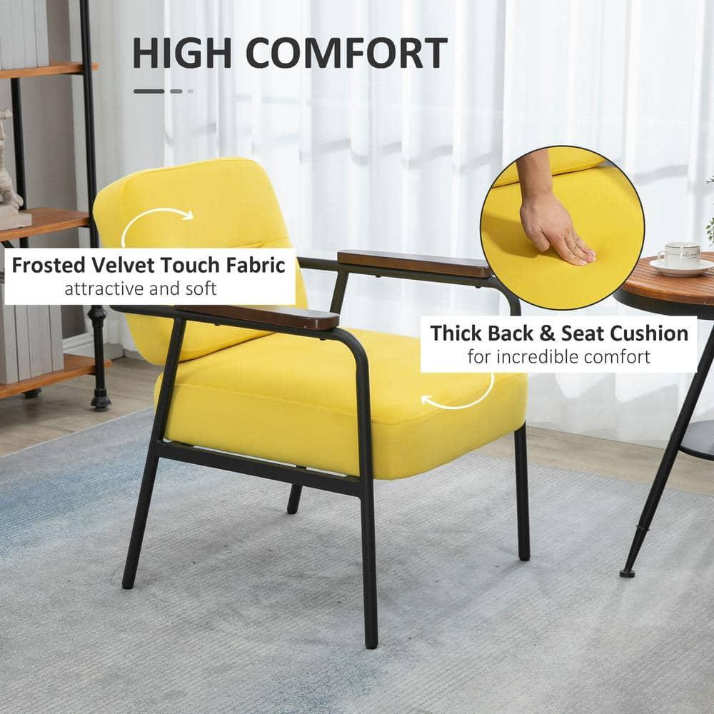 Everly Quinn Modern Accent Chair with Cushioned Seat and Back, Upholstered Velvet Armchair for Bedroom, Living Room Chair with Arms and Steel Legs, Yellow