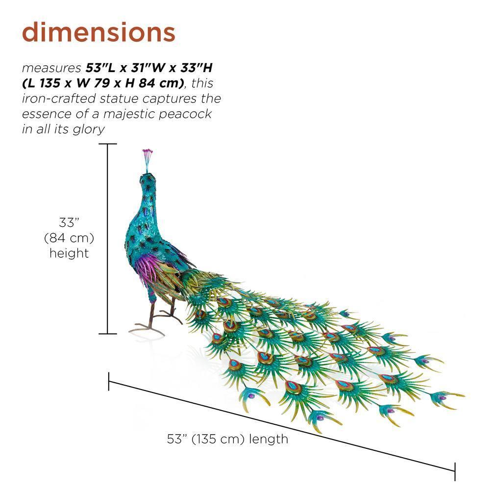 Alpine Corporation Jumbo Size Blue Majestic Tail Down Peacock Décor: 53"L Iron Garden Statue