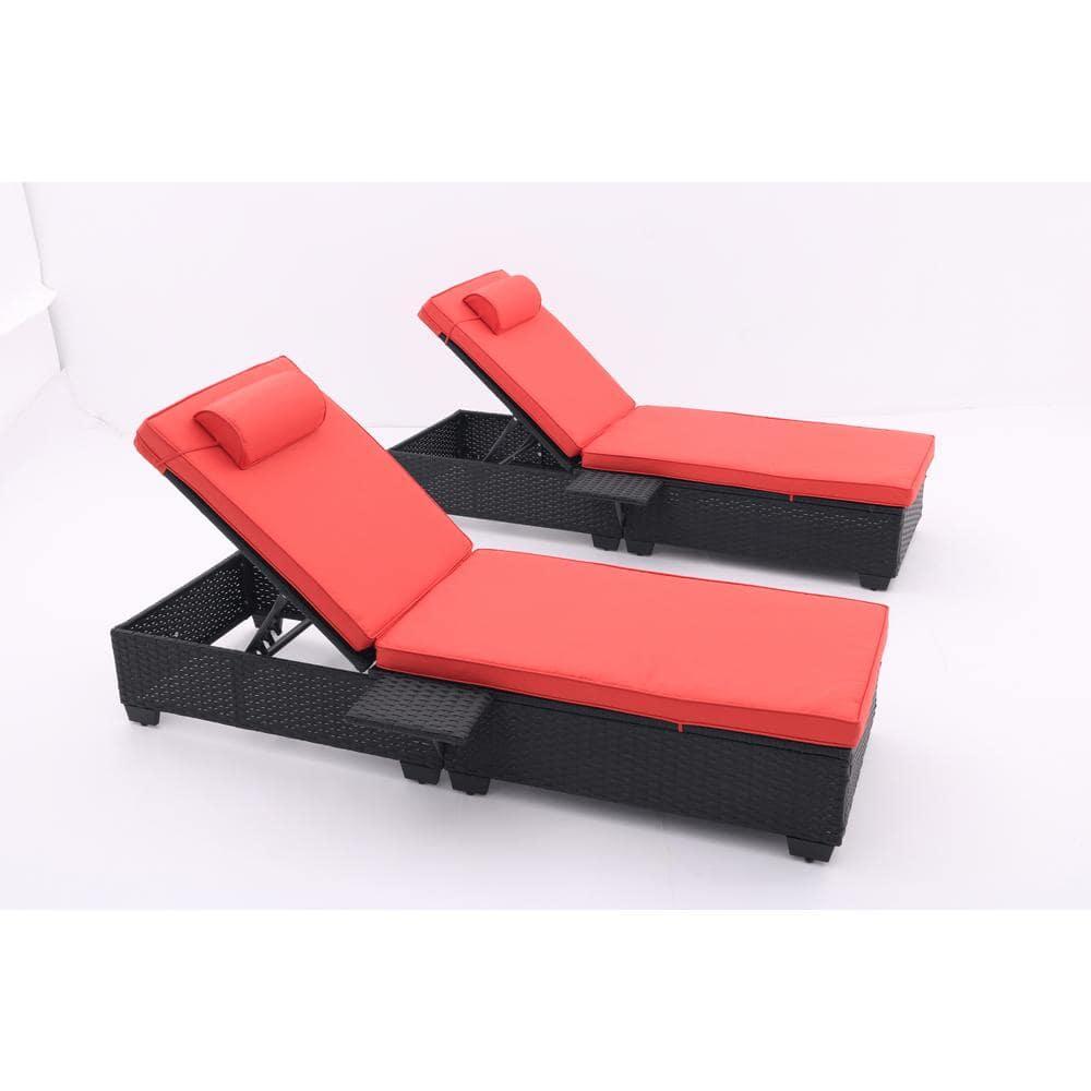 PAPROOS Outdoor Chaise Lounge Chair Set of 2, Rattan Patio Chaise Lounge Chair with Cushion and Arms, Modern 5-Positions Adjustable Outdoor Lounger Recliner for Poolside, Garden, Backyard, Red