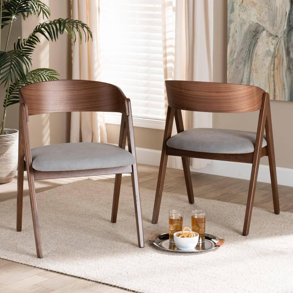 2pc DantonFabric Upholstered Wood Dining Chair Set Gray/Walnut Brown - Baxton Studio: Curved Backrest, Angled Legs