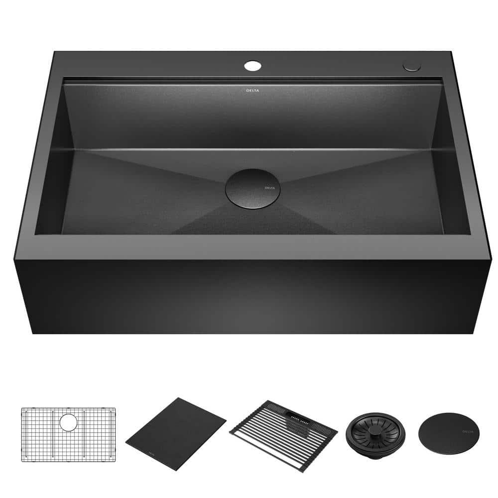 Delta Rivet™ Black Stainless Steel Retrofit Farmhouse Apron Front 16 Gauge Workstation Kitchen Sink Single Bowl