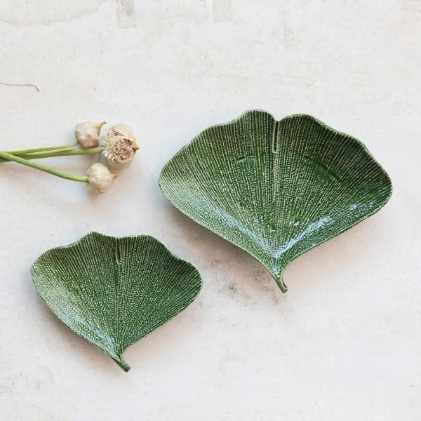 Creative Co-Op Boho Stoneware Gingko Leaf Shaped Plates, Set of 2 Sizes, Green