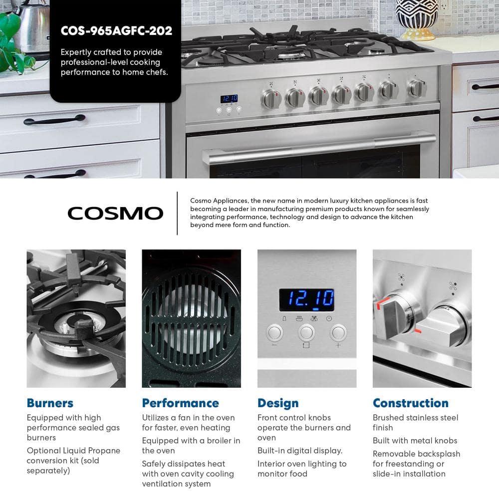 Cosmo Cosmo 36 in. Nebula Collection 3.8 cu. ft. Gas Range, 5 Burners, Rapid Convection Oven, Textured Grip Handle, Stainless Steel COS-965AGFC-202