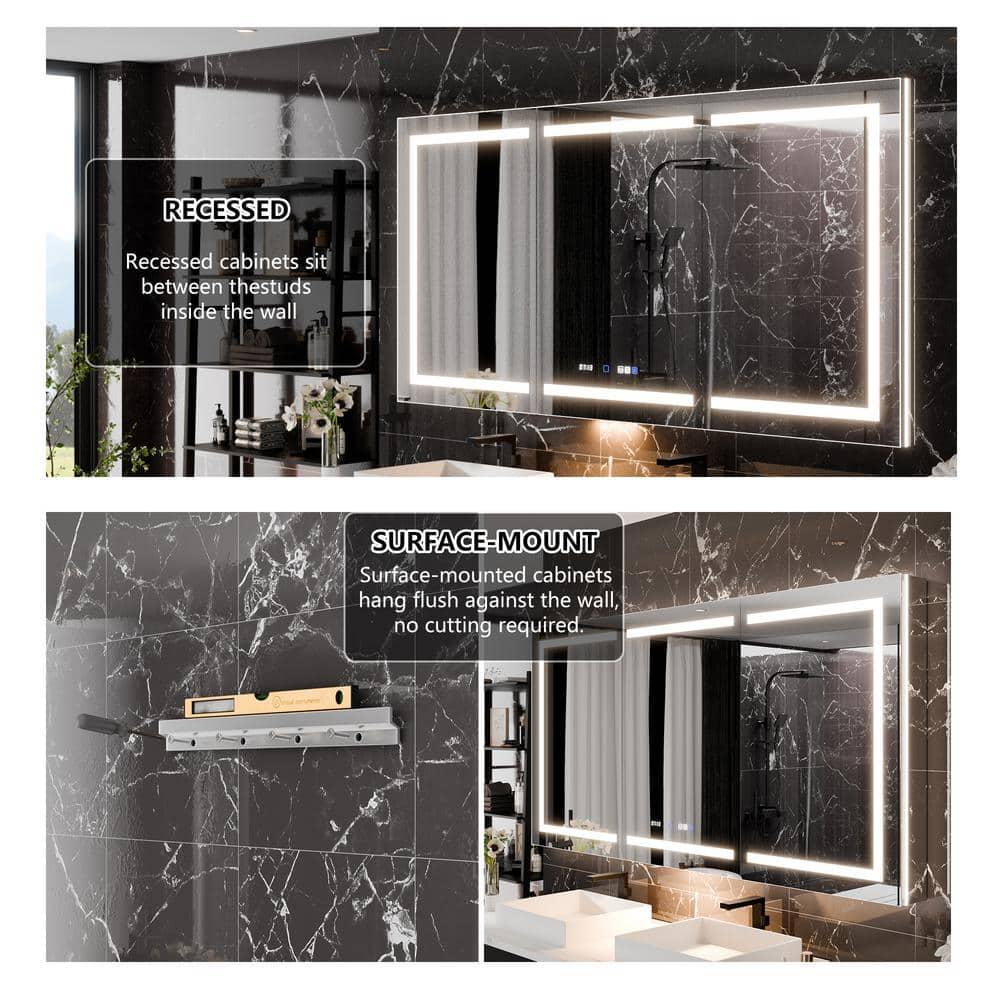 MEDUNJESS 72''x36'' Surface or Recessed Mount LED Medicine Cabinet with Mirror and Defogger 3 doors Medicine Cabinet