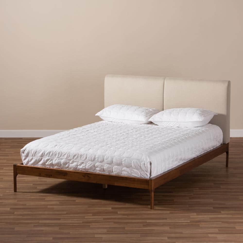 Baxton Studio Full Aveneil Walnut Finished Platform Bed Beige/Walnut Brown: Upholstered Headboard, Wood Composite Frame