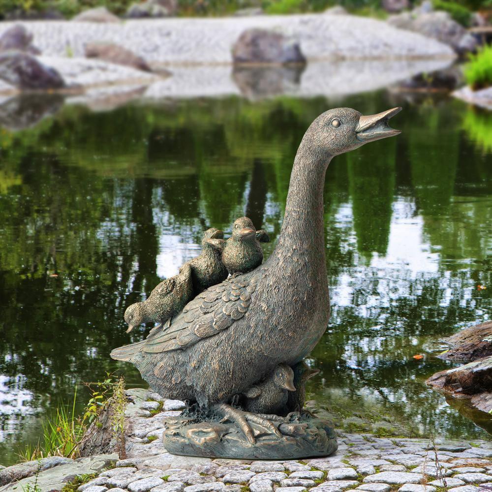 15" Aged Bronze Duck Family Garden Statue