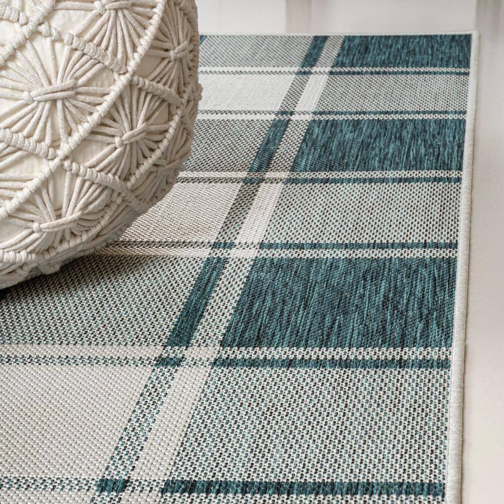 Sabine Traditional Farmhouse Bold Gingham Turquoise/Cream 4 ft. x 6 ft. Indoor/Outdoor Area Rug