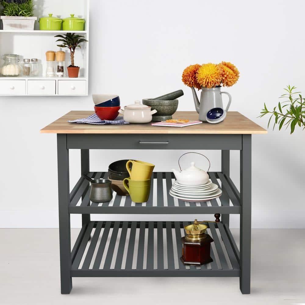 Casual Home Kitchen Island Bar Station with Hardwood Counter Top - Slate Gray