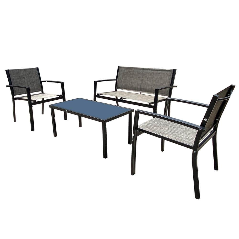 4 Pieces Patio Furniture Set Outdoor Garden Patio Conversation Sets, Poolside Lawn Chairs with Glass Coffee Table Porch Furniture, gRAY