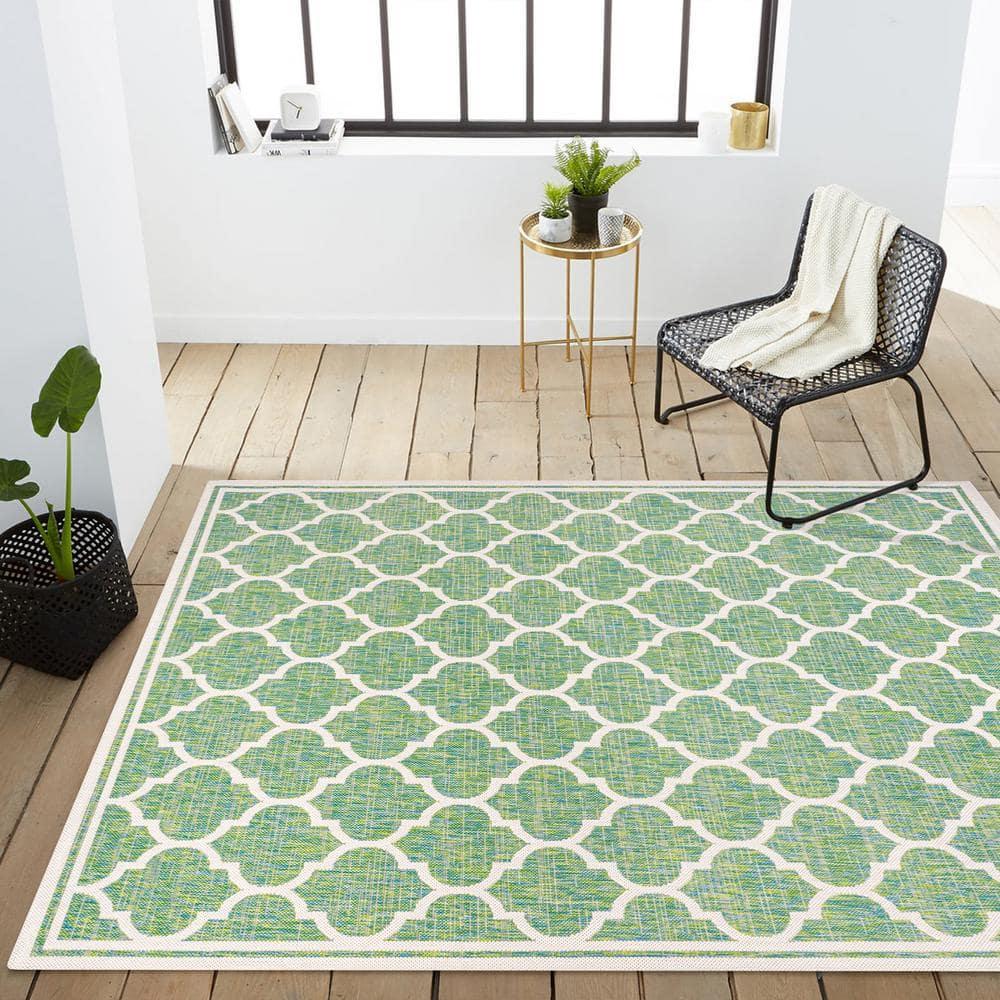 3' x 5' Trebol Moroccan Trellis Textured Weave Indoor/Outdoor Area Rug, Cream/Green - JONATHAN Y