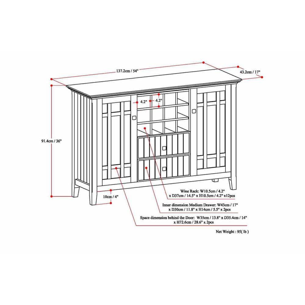 Simpli Home Bedford 54"W Solid Wood Sideboard Buffet and Wine Rack, 2 Drawers, and 2 Cabinets