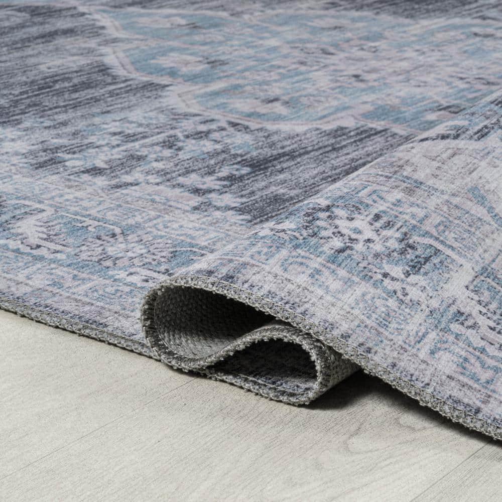 Wincer Chenille Cottage Medallion Machine-Washable Gray/Blue/White 5 ft. x 8 ft. Area Rug - JONATHAN Y