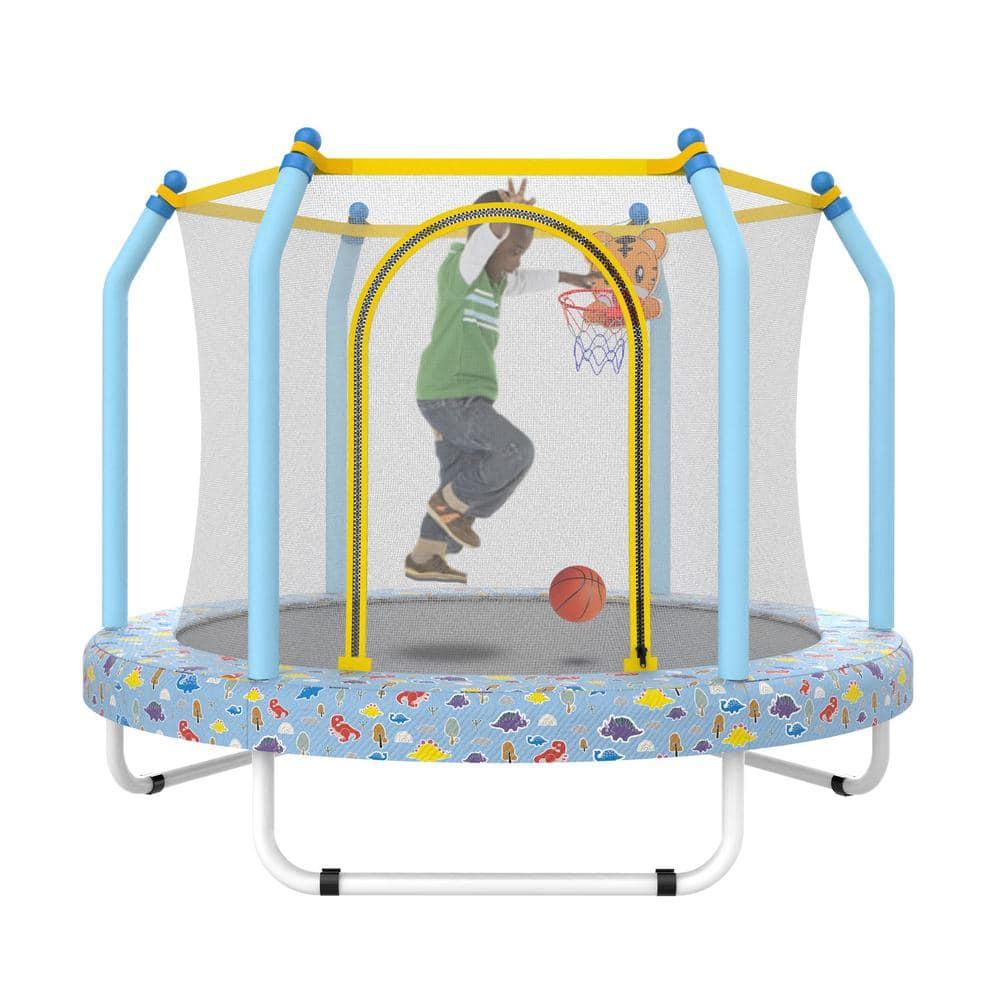 Yoneston 55'' Trampoline for Kids, Indoor & Outdoor Toddlers Trampoline with Enclosure Net and Basketball, Mini Trampoline Gifts for Kids, Baby Toddler Trampoline Toys, Light Blue