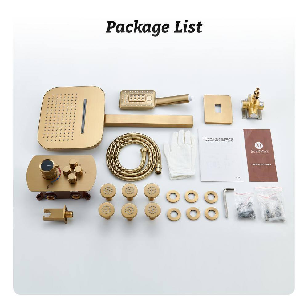 CASAINC 4-Function Wall Mounted Thermostatic Complete Shower System with 6 Body Jets and Rough-in Valve CS6855-22BG