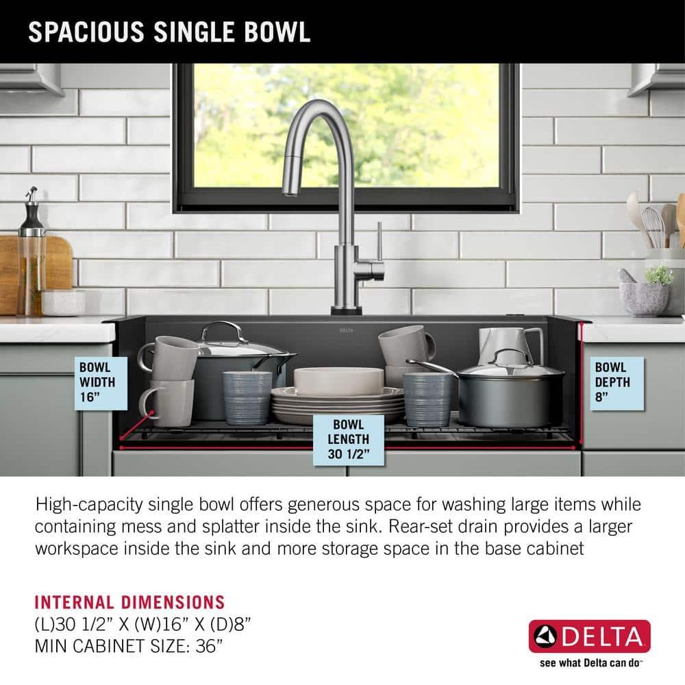 Delta Rivet™ Black Stainless Steel Retrofit Farmhouse Apron Front 16 Gauge Workstation Kitchen Sink Single Bowl