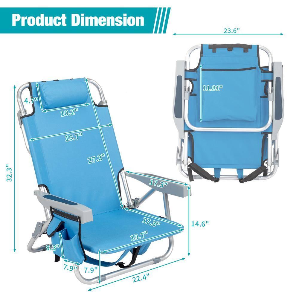 Tcbosik Reclining Beach Chair, 5-Position Adjustable Lay Flat Lounge Chair for Adults, Portable Folding with Cooler Pouch, Camping Chair for Outdoor, Blue