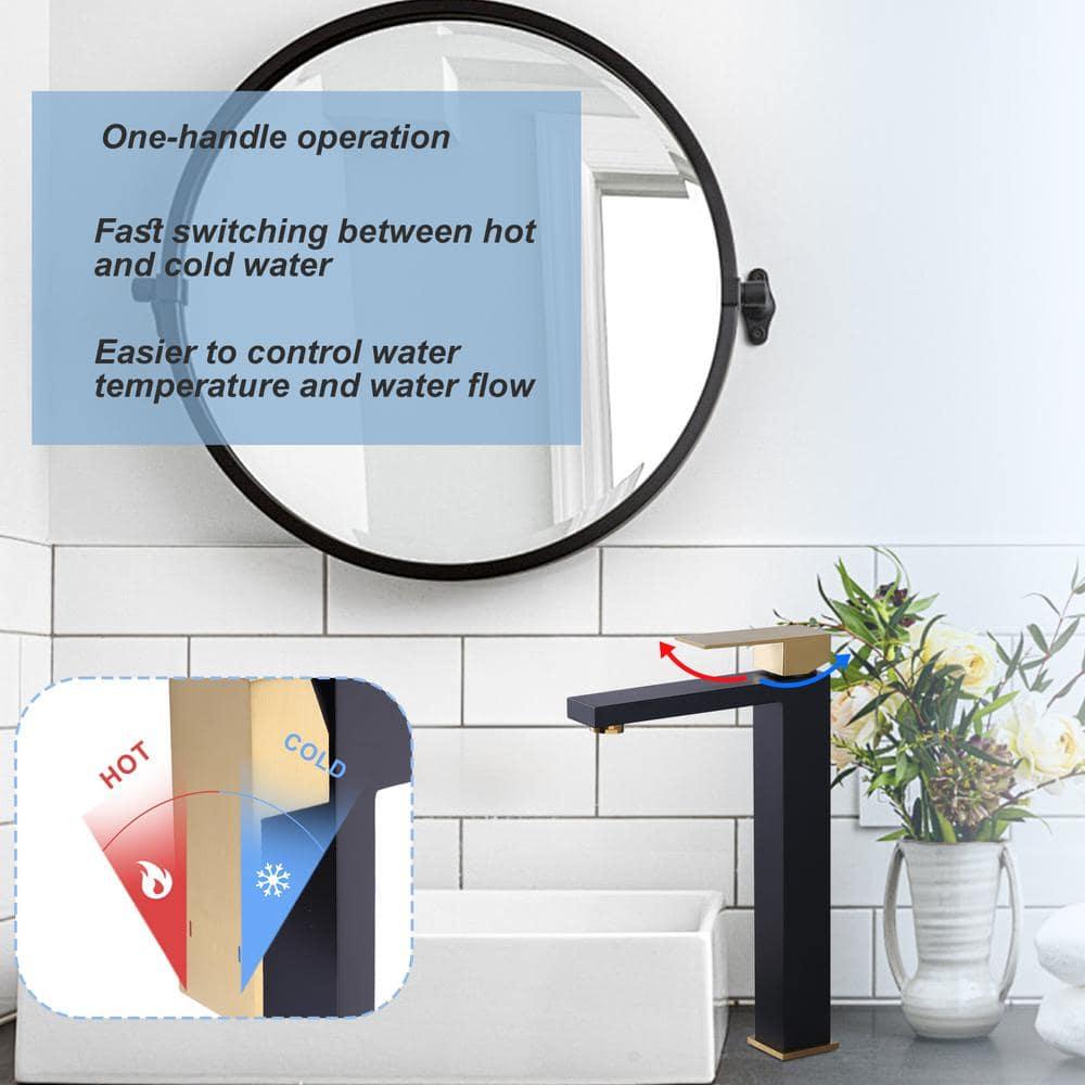 Single Handle Single Hole Bathroom Faucet with Drain Include in Black and Gold