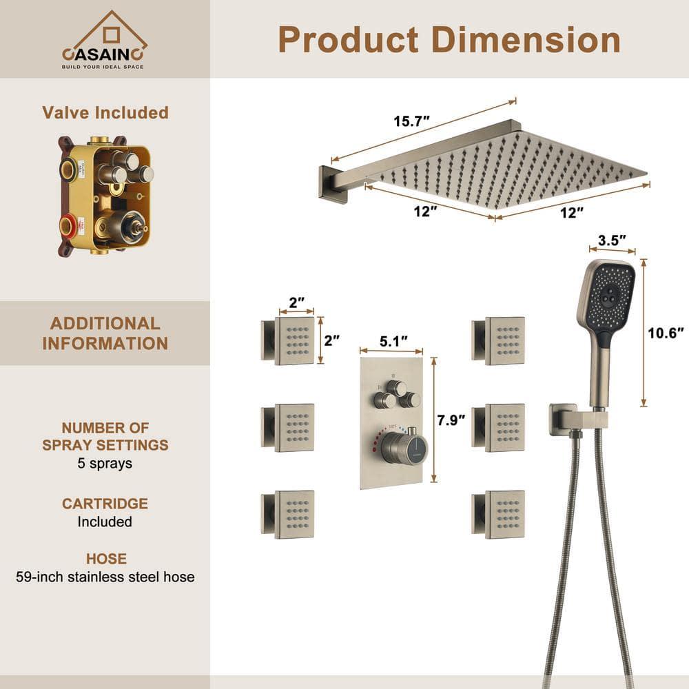 CASAINC 6-Spray 12 in. Thermostatic Dual Shower Heads with 6-Jets