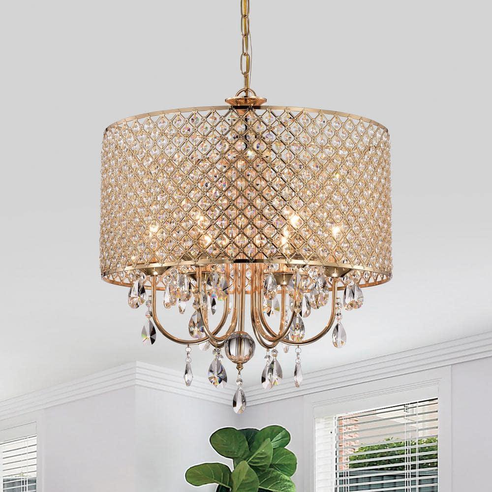 EDVIVI LIGHTING Round Beaded Drum Chandelier with Hanging Crystals Gold 6 22" Gold