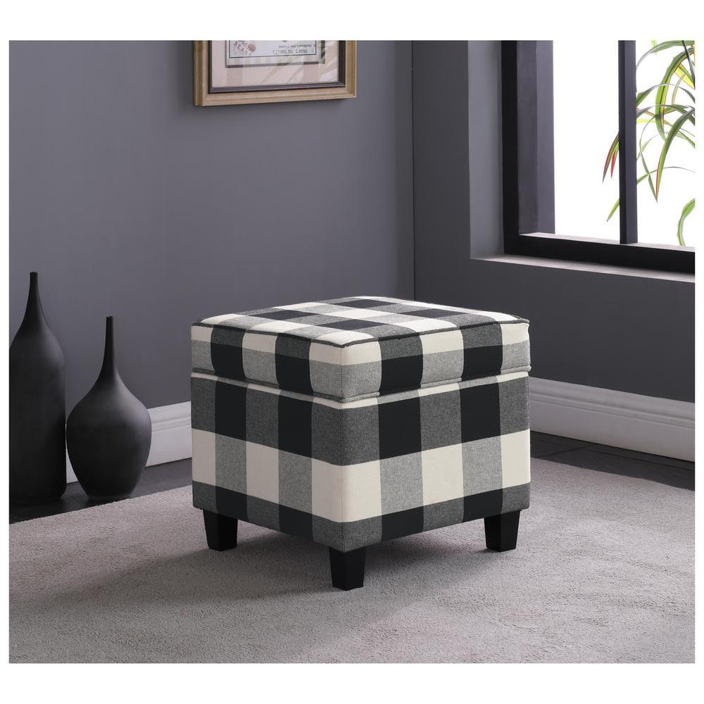 Cole Classics Square Storage Ottoman with Lift Off Top Black Plaid - HomePop: Cotton Upholstered, Hardwood Frame, Foam Fill