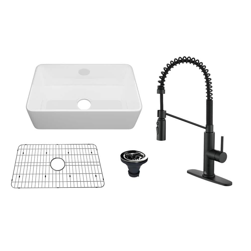CASAINC Single Bowl White Fireclay Farmhouse Kitchen Sink With Faucet Included