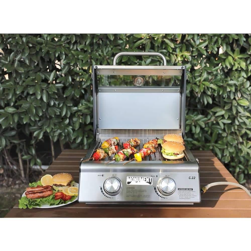 Monument Grills 13742,2-Burner Portable Stainless Steel Tabletop Propane Gas Grill with High Lid and Travel Locks, 15,000 BTU – Perfect for Family BBQs